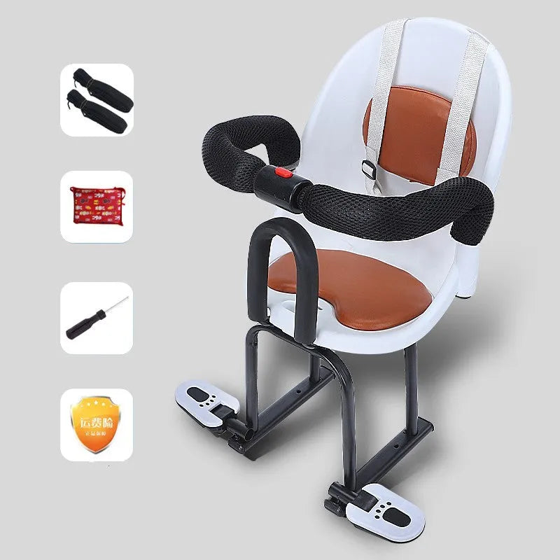 Children's front scooter seat with high carbon steel frame in white, red, or black colour options