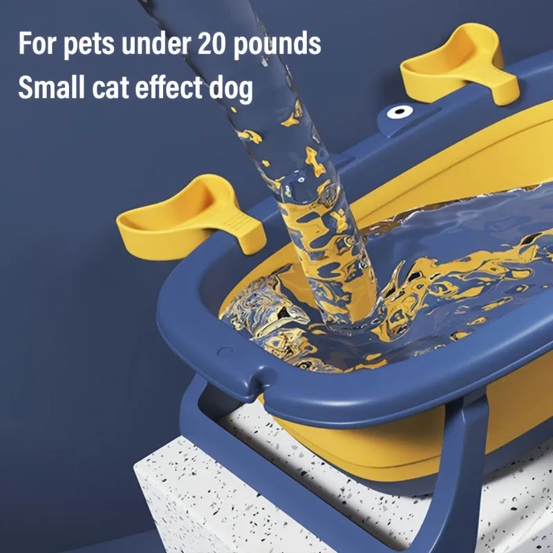 Foldable blue portable pet bath tub for small dogs and cats on a white background.