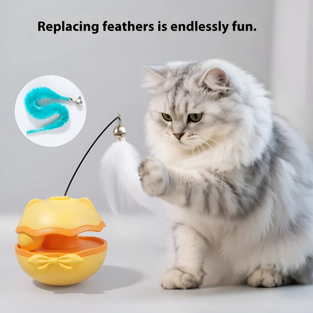 Electric self-propelled cat teaser tumbler toy in lemon yellow, sky blue, or soft fog grey.