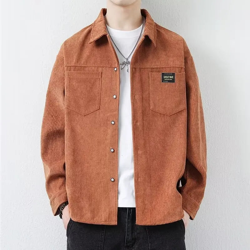 Men's corduroy casual jacket in cardigan style with long sleeves showing textured fabric