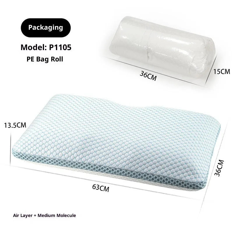 Household cervical memory foam pillow in size 63x36x13.5cm with ergonomic shape and air layer cover on bed