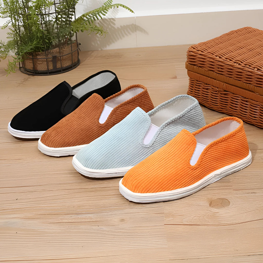 Handmade deodorant linen bottom cloth shoes in corduroy black with low-top cotton upper and leather toe holder