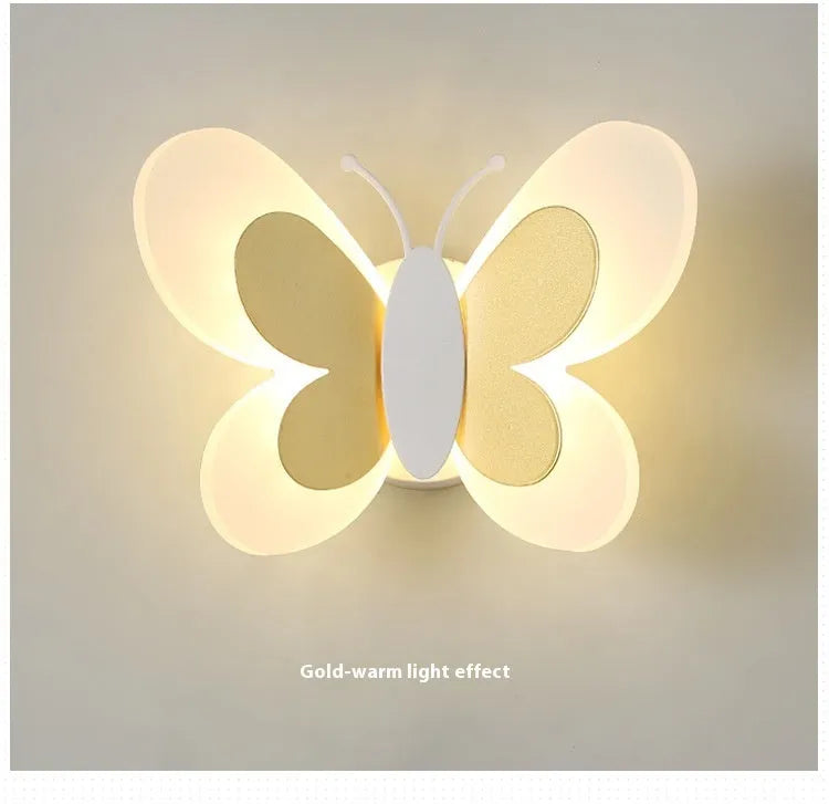 Butterfly-shaped acrylic children bedroom wall lamp in white and pink, 240x170x105mm