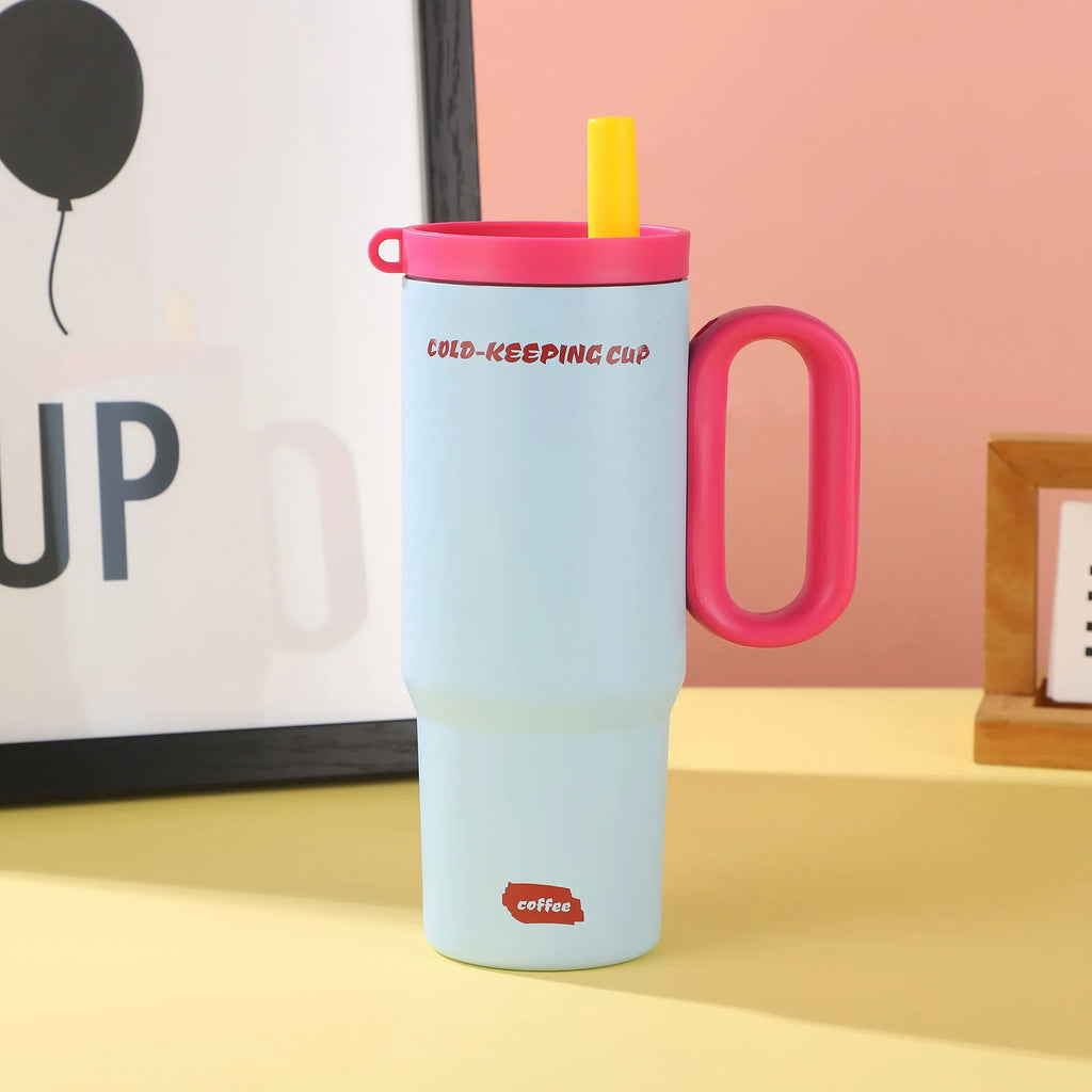 Portable insulated straw cup with handle in multiple colour options for hot and cold drinks