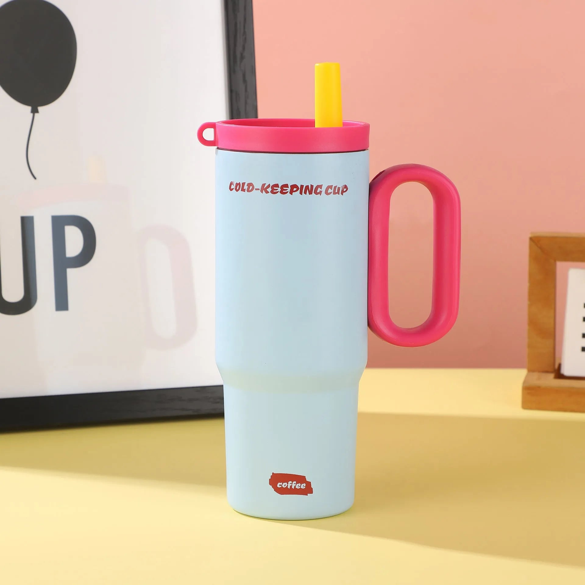 Portable insulated straw cup with handle in multiple colour options for hot and cold drinks