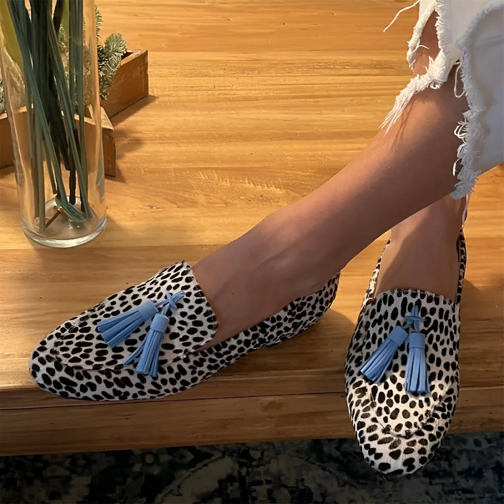 Leopard print flat heel tassel loafers for women with round toe and rubber sole