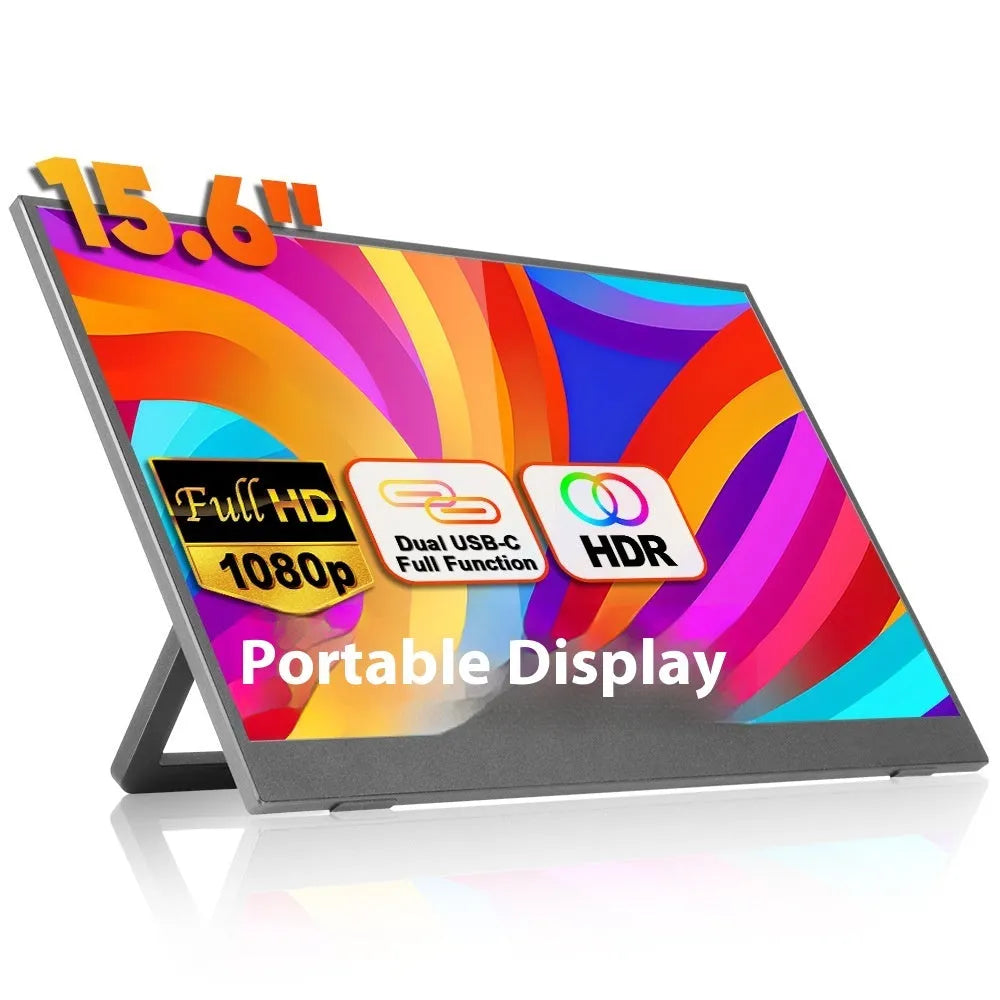 15.6-inch black portable monitor with adjustable stand, showing Full HD display connected to laptop