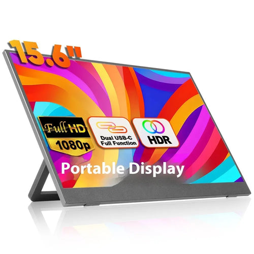 15.6-inch black portable monitor with adjustable stand, showing Full HD display connected to laptop
