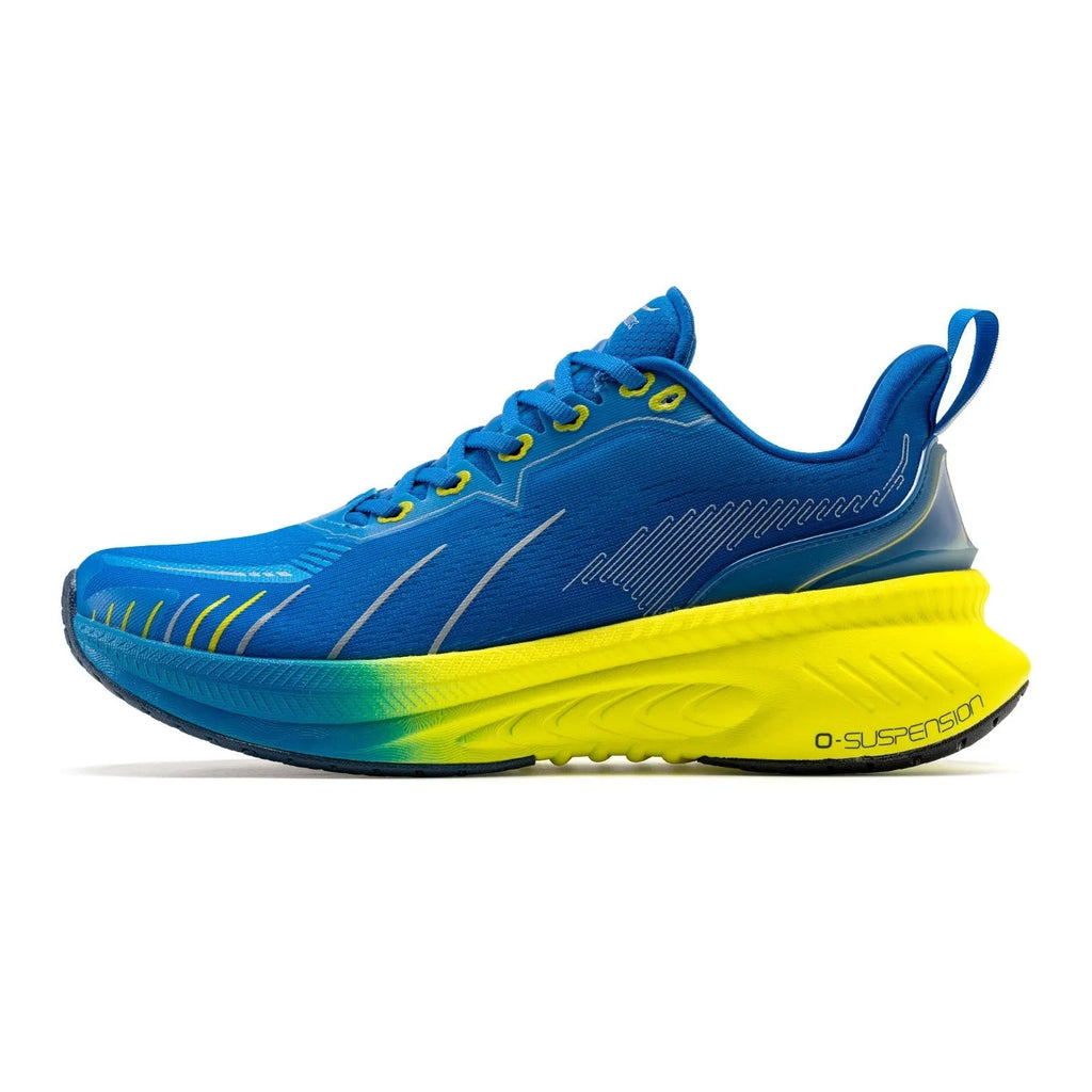 Low-top running sneakers in red with shock absorption features and a breathable mesh upper.