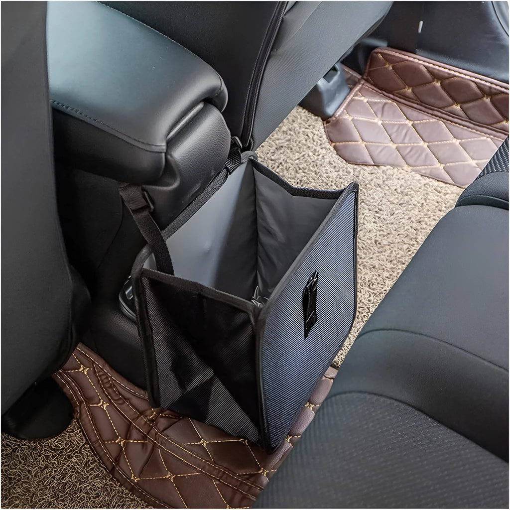 Black foldable car hanging trash can made from Oxford cloth, shown with dimensions.
