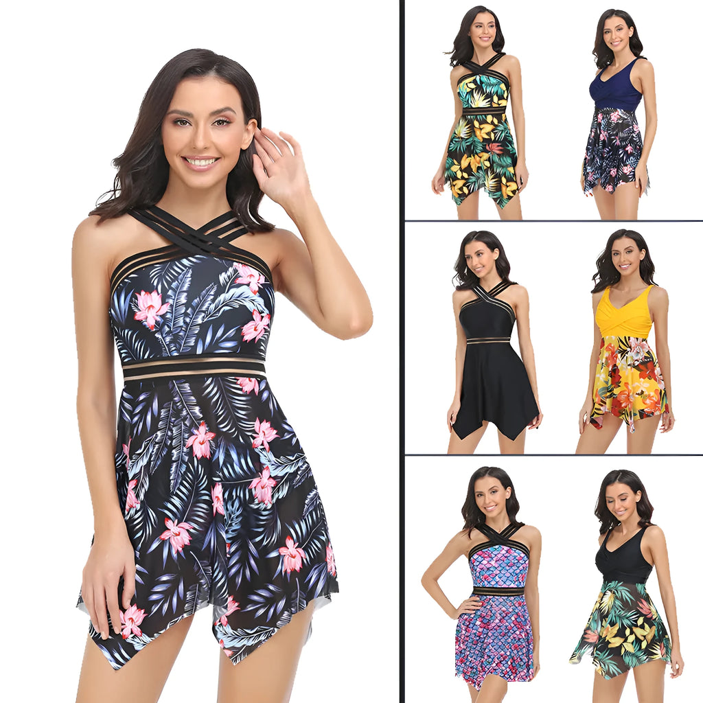 Women's one-piece swimsuit with attached tulle skirt and high-leg split design.