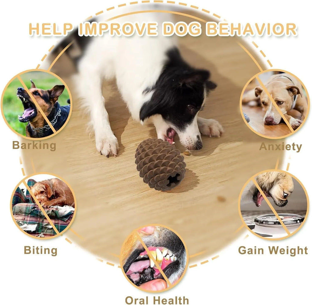 Yellow pine cone shaped natural rubber dog chew toy with treat dispensing feature