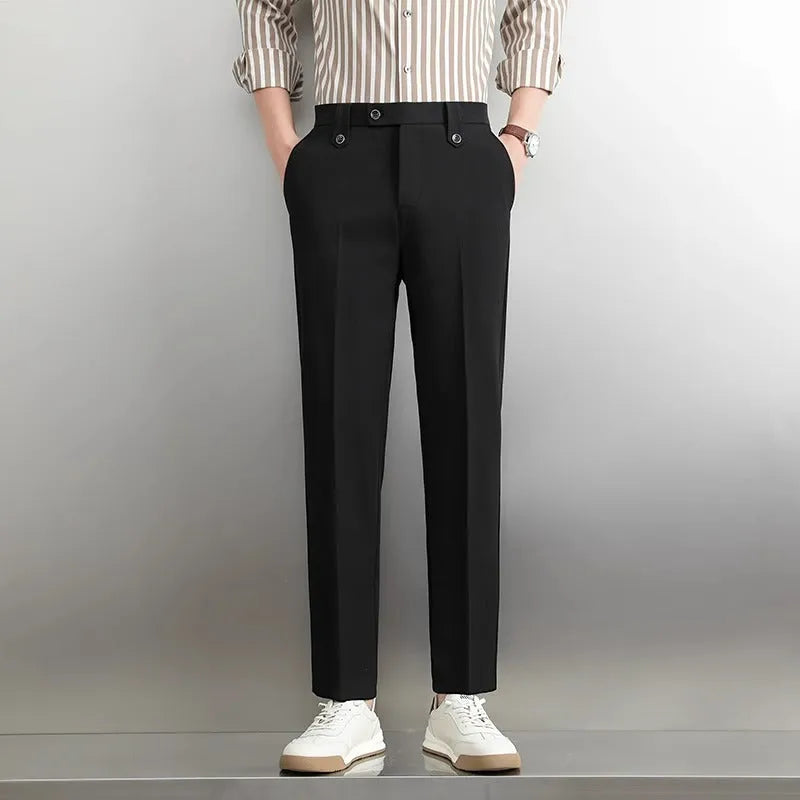 Men's loose straight business trousers in SF28 black, polyester elastic fabric, sizes 28-38