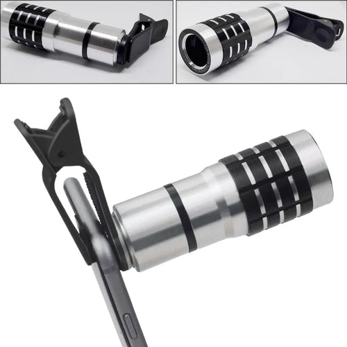 12x telescopic zoom lens with universal clip for smartphone cameras