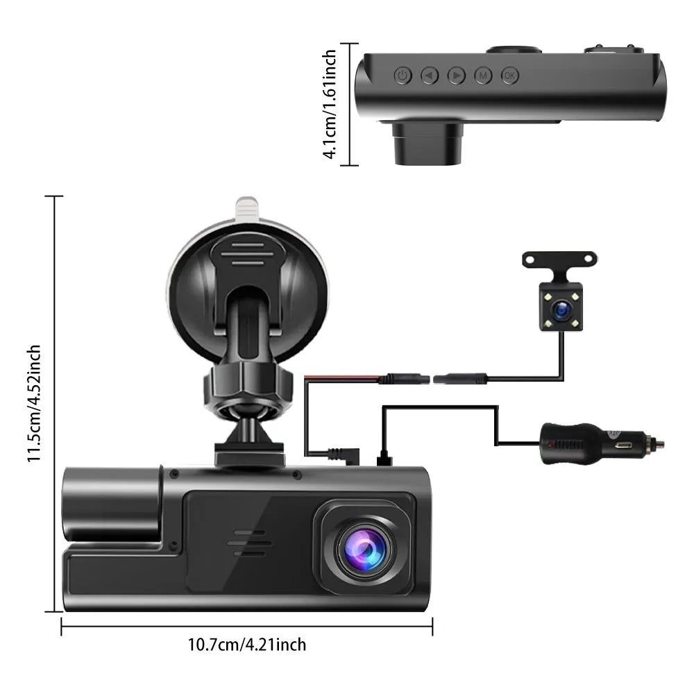 Black car dash cam with 2-inch screen mounted on windscreen, showing live reversing camera feed.