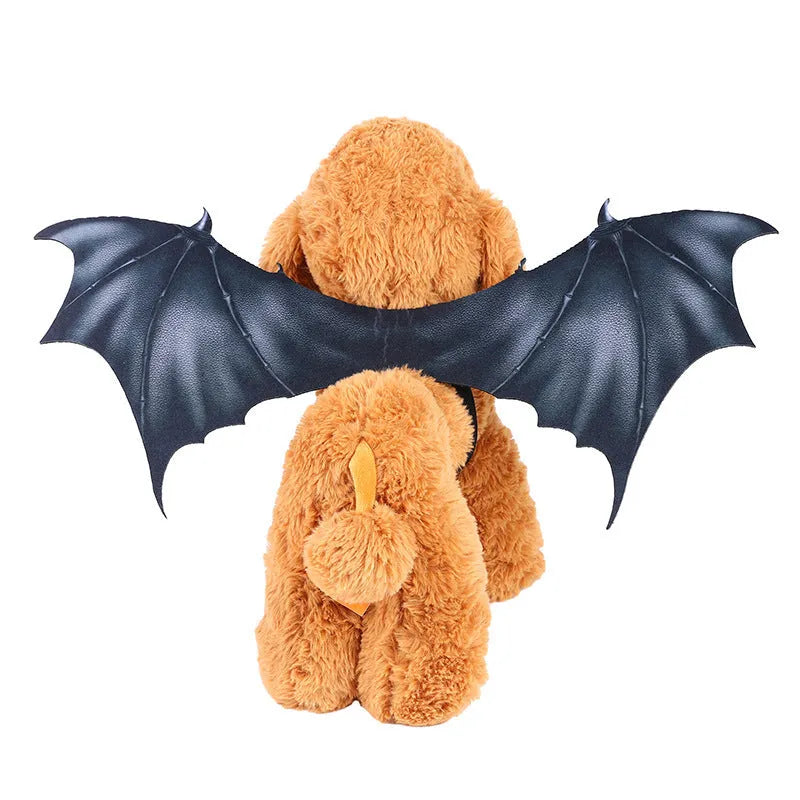 Black cloth bat wing Halloween costume for a dog, shown in medium 55cm size.