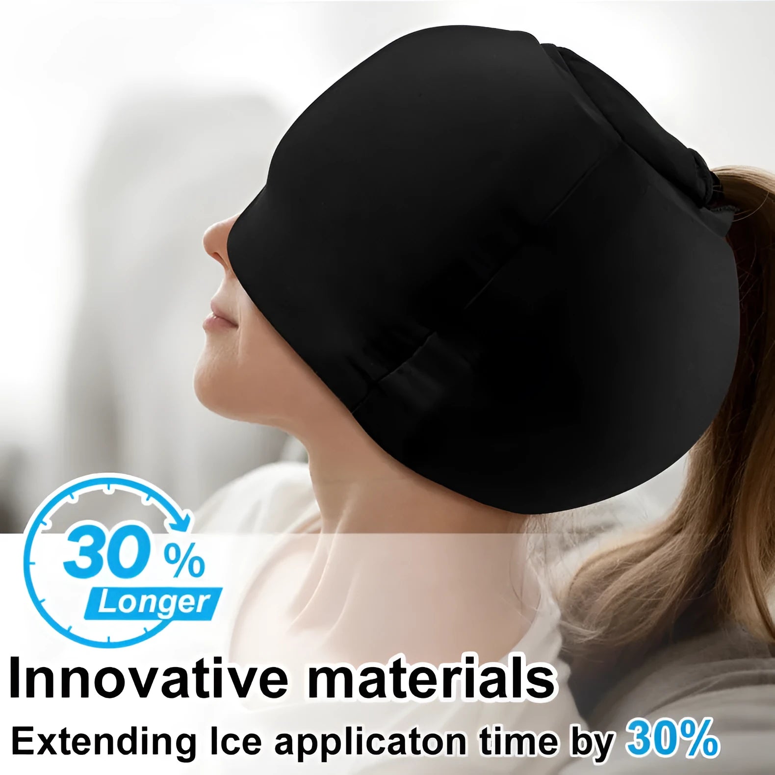 Solid colour cold compress cap for headache relief in black, dark blue, or pink.