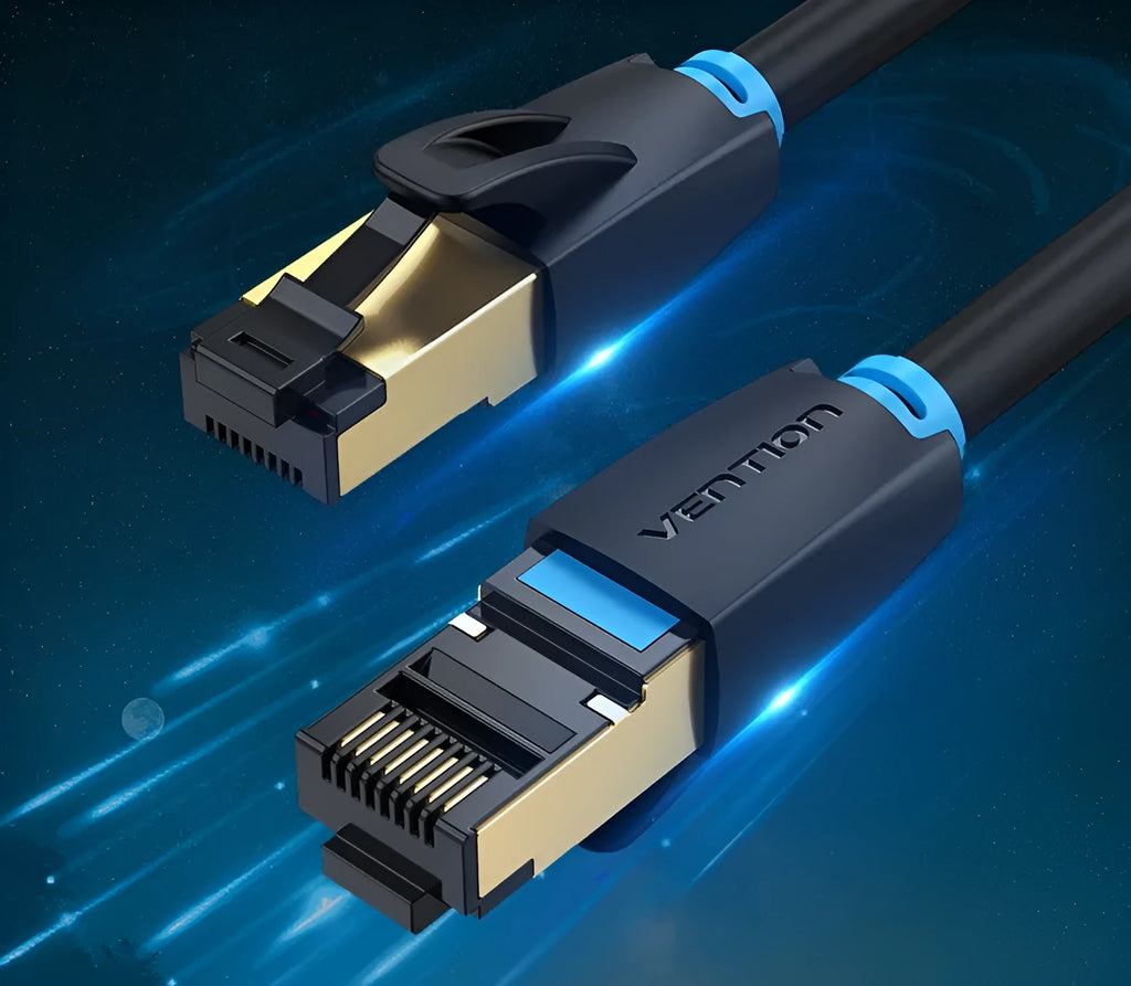 CAT8 10G high-speed Ethernet network cable showing flat and round style options with RJ45 plug.