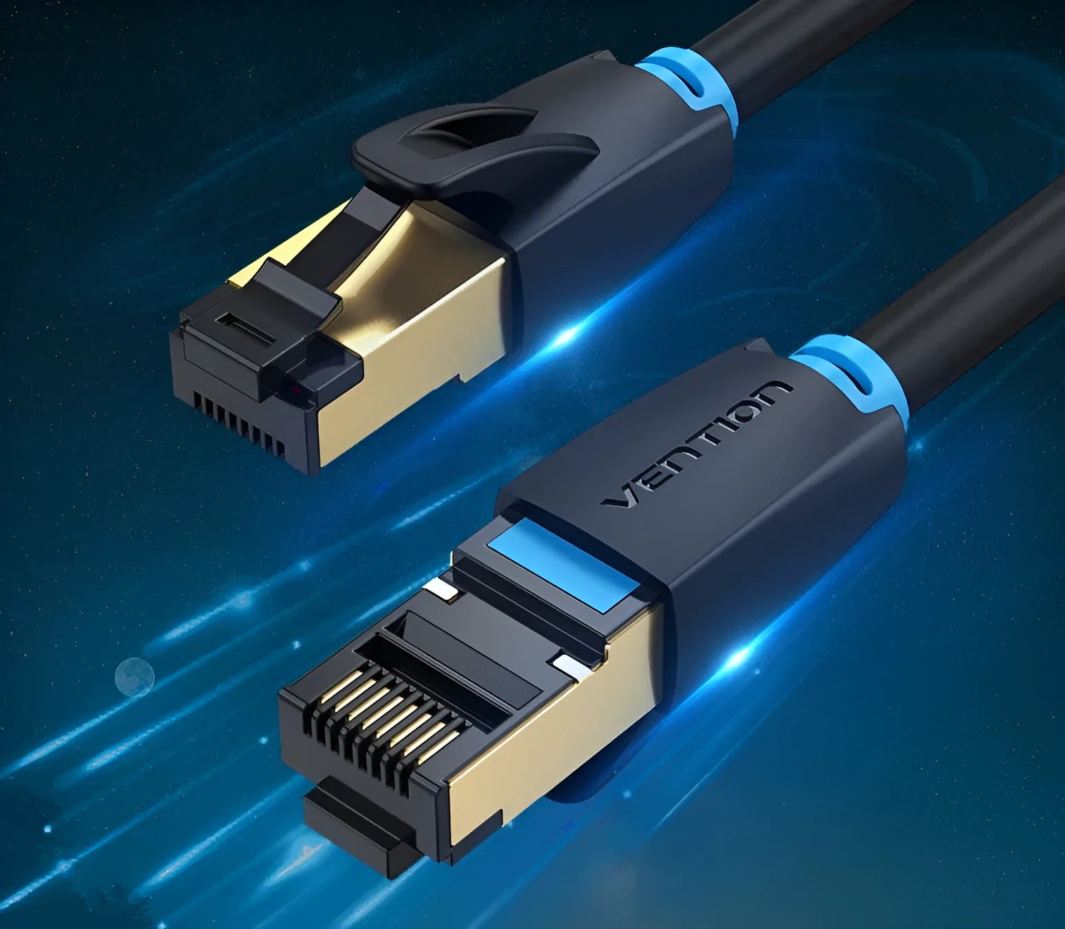 CAT8 10G high-speed Ethernet network cable showing flat and round style options with RJ45 plug.