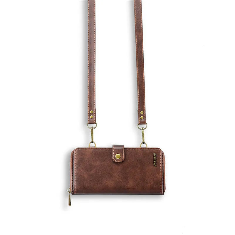 Detachable leather wallet phone case in black, shown fitted on an iPhone 12 Pro Max.