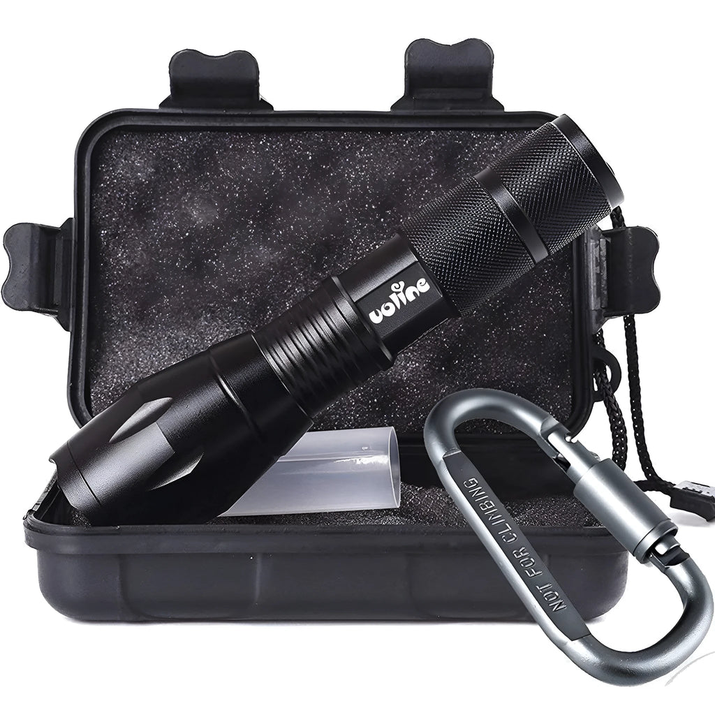 Tactical portable LED flashlight 1000 lumens, Pro-Black, chrome aluminium body, five modes, AAA battery powered