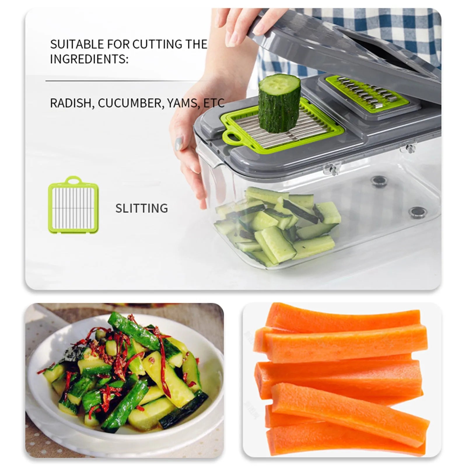 Grey multifunctional vegetable cutter with stainless steel blades, foldable compartments, and water filter basket on a kitchen countertop.