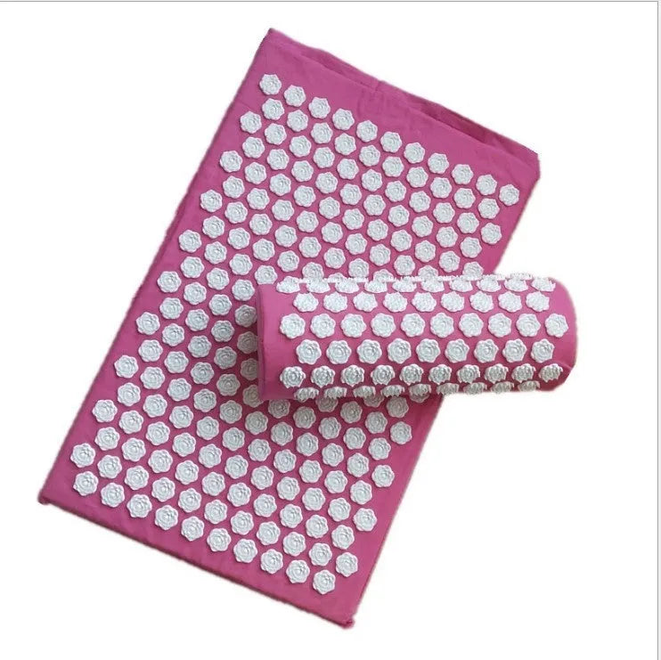 Lotus acupuncture mat and pillow set with 190+69 white plastic pressure points, 100% cotton cover, 68x42x2cm mat, 36x14x9cm pillow, multiple colours
