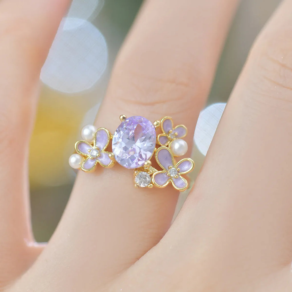 Women's copper open ring with flower design and zircon stones in light purple or yellow