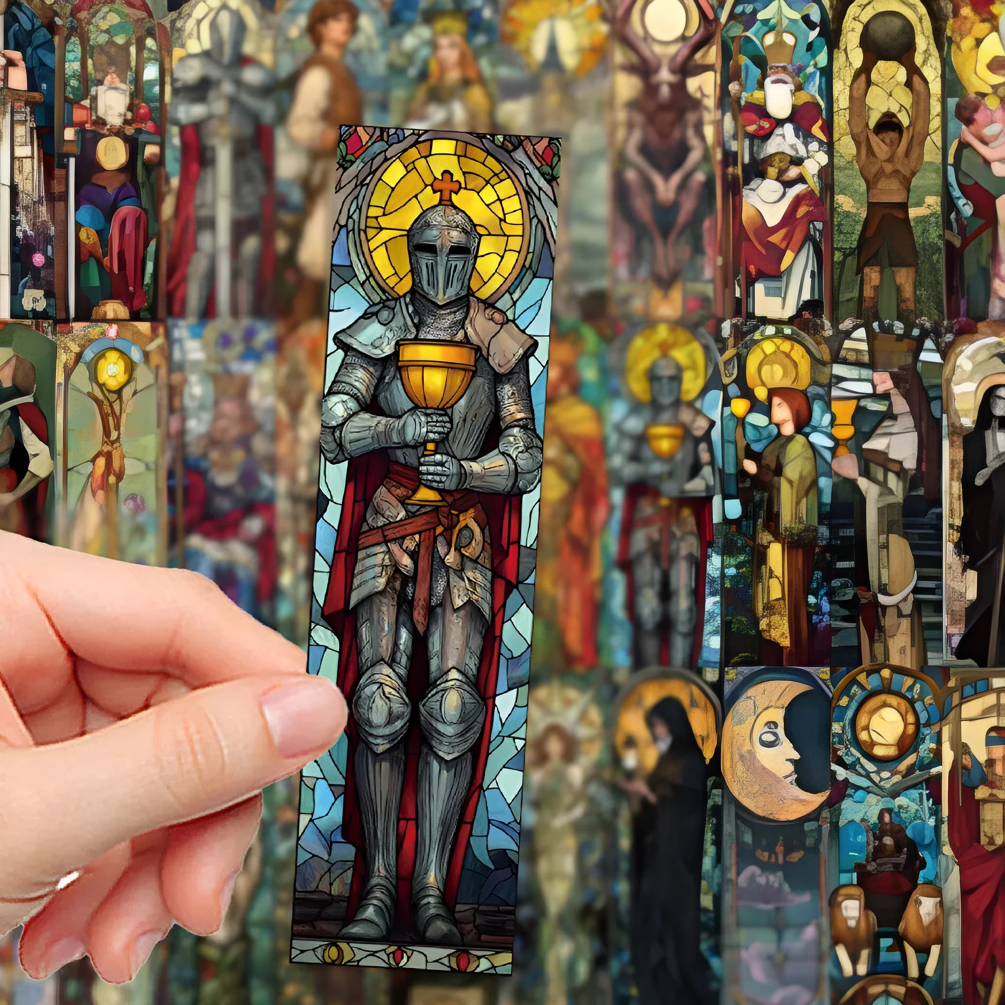Set of 30 colourful painted glass tarot design paper bookmarks laid out flat.