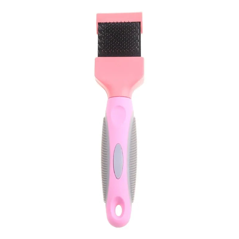 Double sided pet grooming brush with stainless steel pins on a blue handle