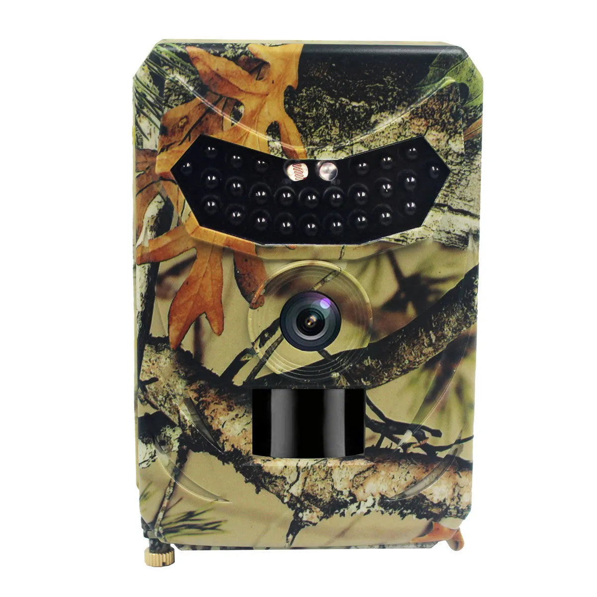 Yellow brown plastic hunting game camera with infrared LEDs and lens for outdoor wildlife monitoring