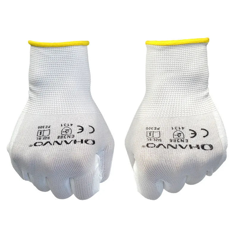 White PU coated work gloves showing durable palm coating and breathable cotton back, sizes L and M.