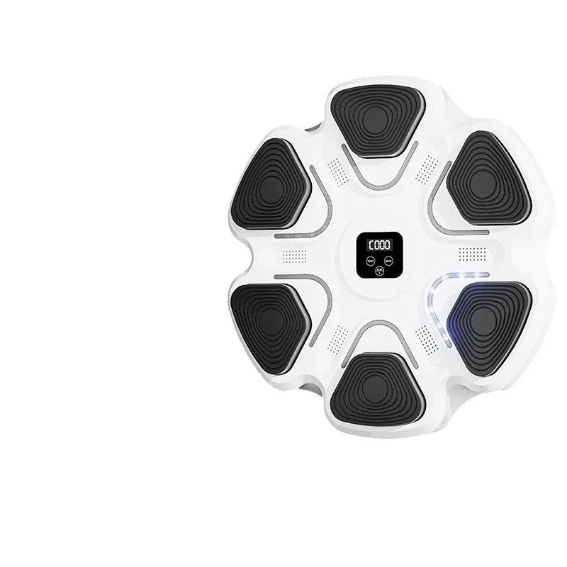 White smart music boxing machine wall target with focus gloves mounted on a wall.
