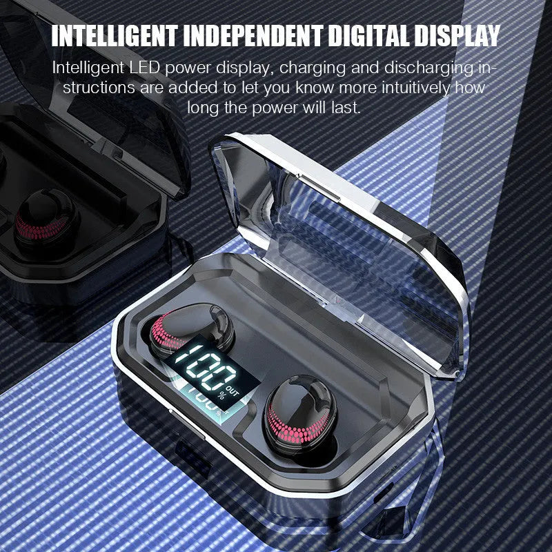 Black X10 Bluetooth wireless headset with its charging case on a dark surface.