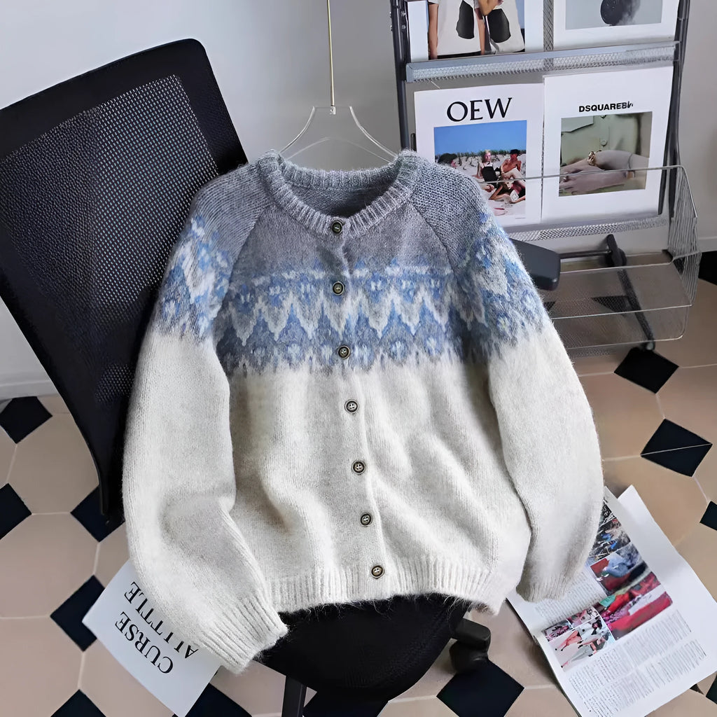 Women's loose-fit jacquard sweater coat in a contrast colour pattern, shown in milky white.