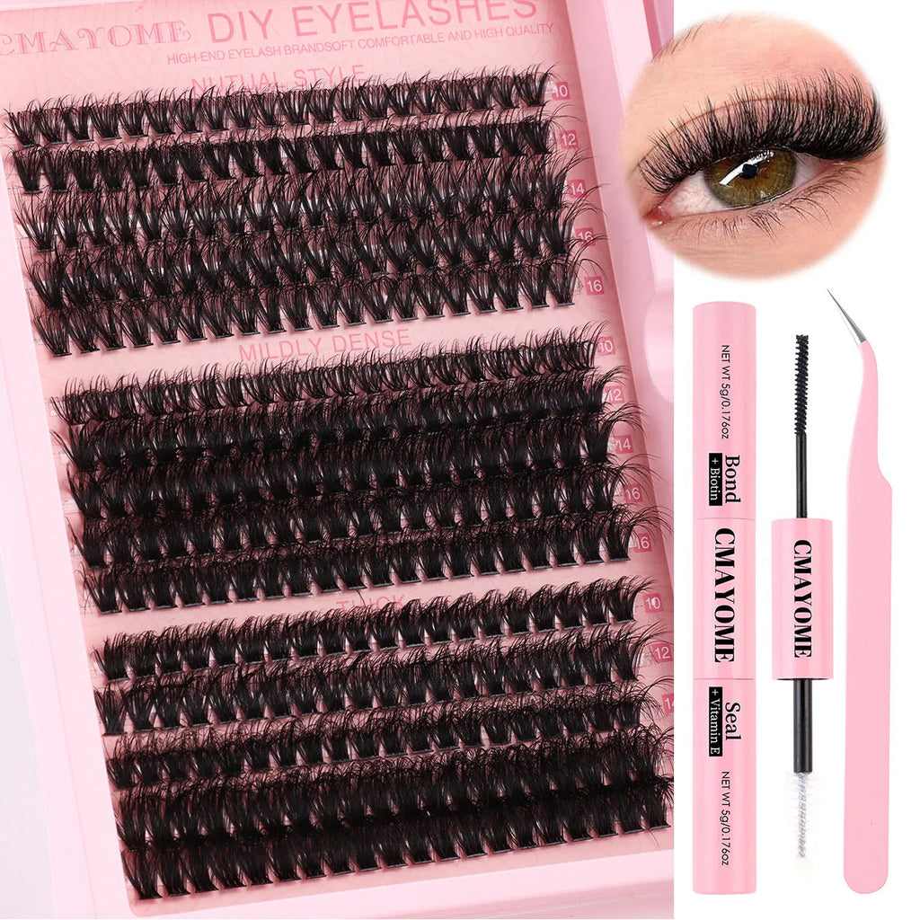 DIY false eyelashes extension kit showing cluster lashes and metal tweezers on a clean surface.