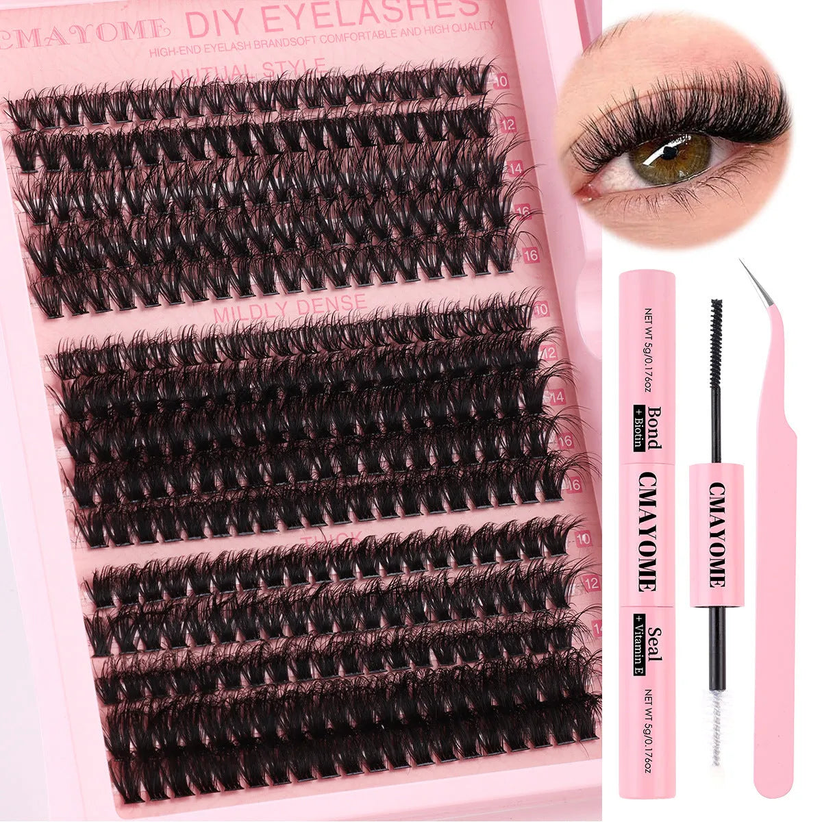 DIY false eyelashes extension kit showing cluster lashes and metal tweezers on a clean surface.