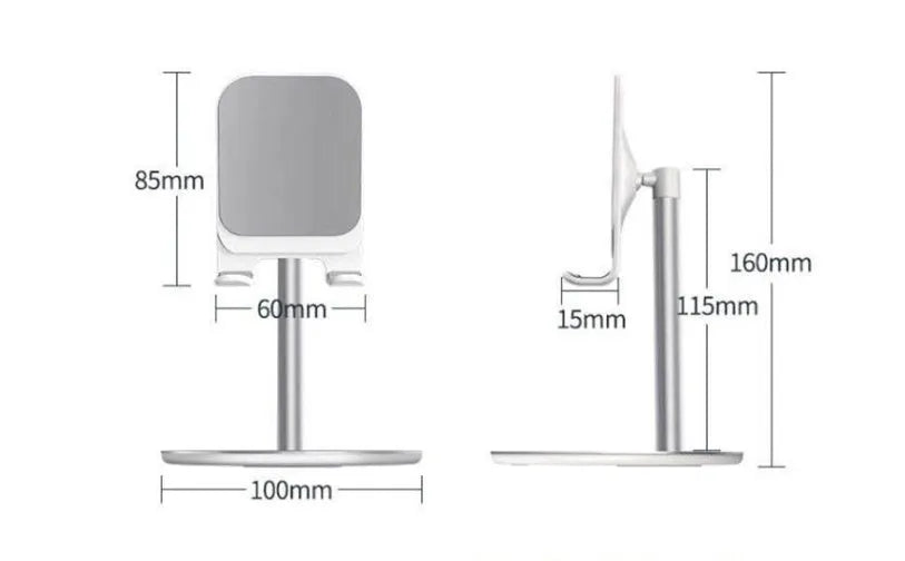 Silver white aluminium alloy desktop stand holding a mobile phone.