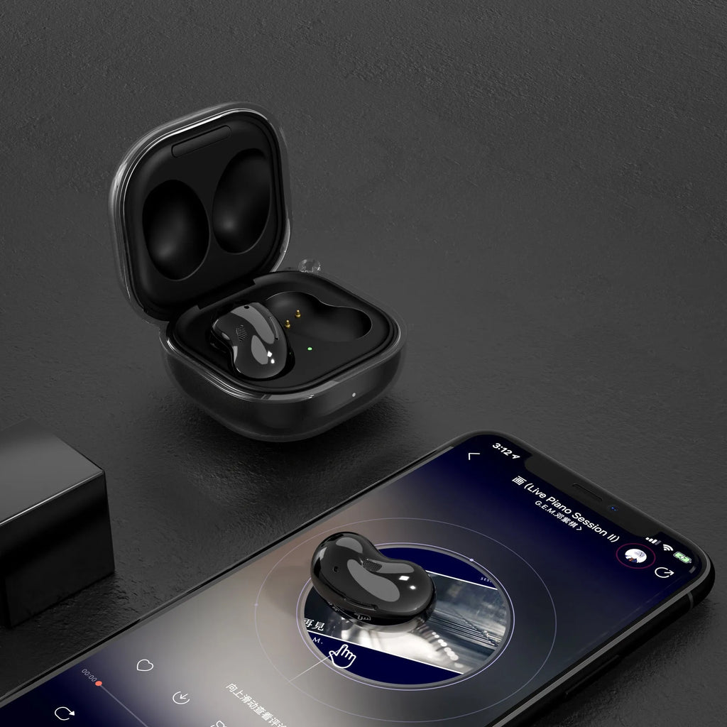 Clear plastic Bluetooth earphone replacement case showing transparent, gold, black, and purple colour options.