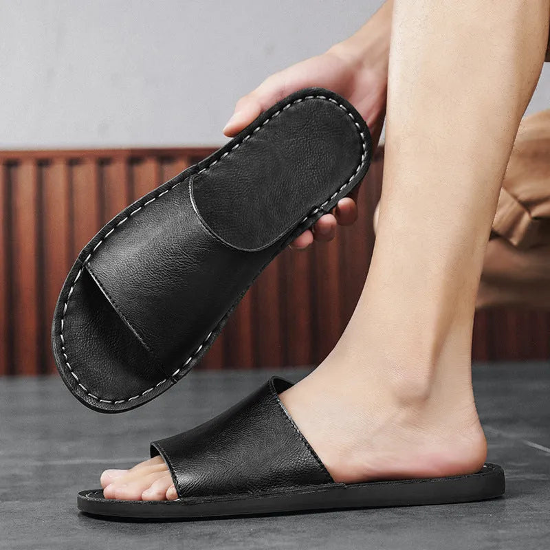 Men's brown leather casual sandals with rubber soles for spring and summer outdoor wear