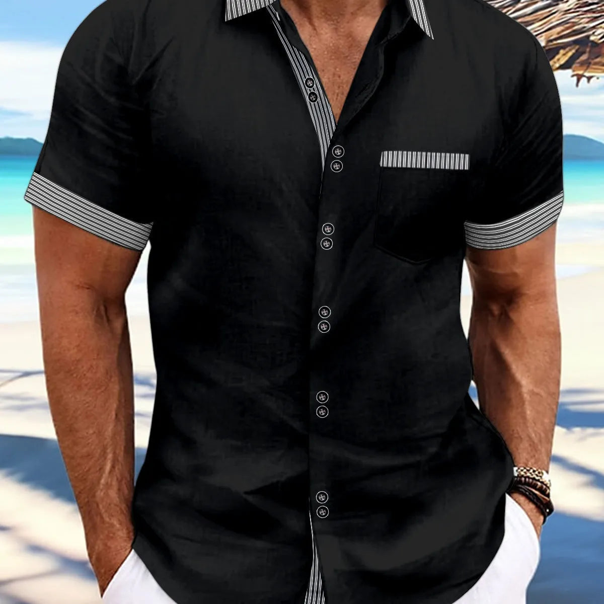 Slim fit striped casual shirt in pure cotton with double button short sleeves
