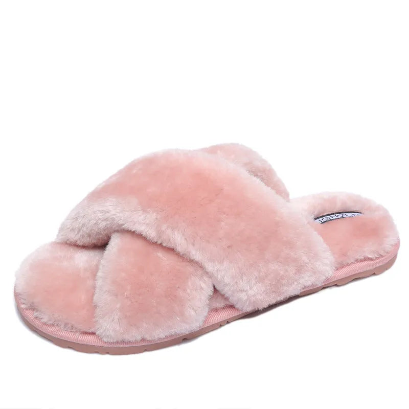 Women's cross open-toe fur slippers with patterned non-slip sole in multiple colour options