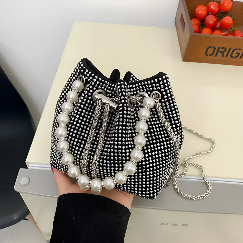 Western style light diamond crossbody bag with chain strap and bucket shape design in multiple colour options