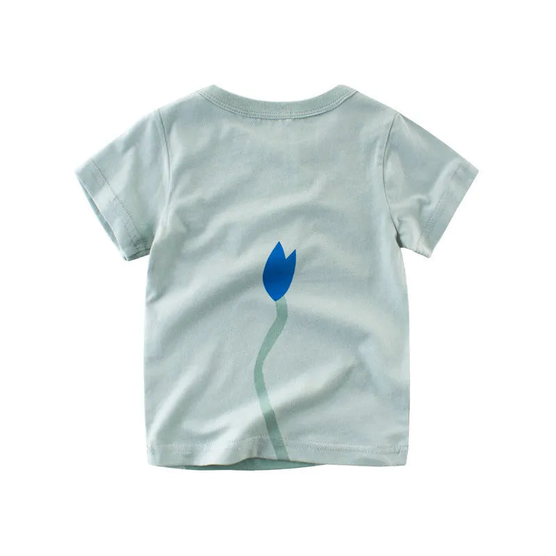 Boys' short sleeve cotton T-shirt with a printed green lion cartoon graphic.