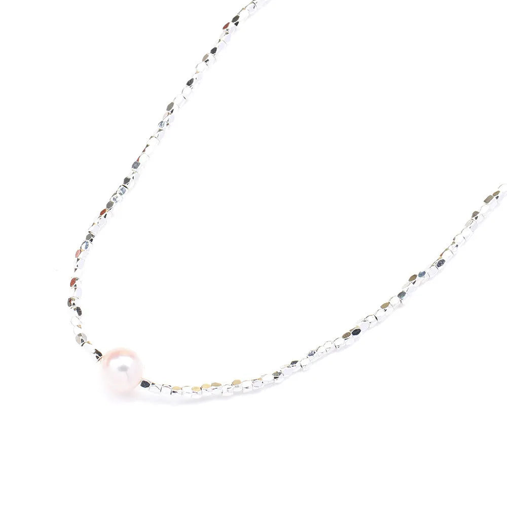 New cute broken silver necklace with natural pearl pendant and colourful beads on collarbone chain