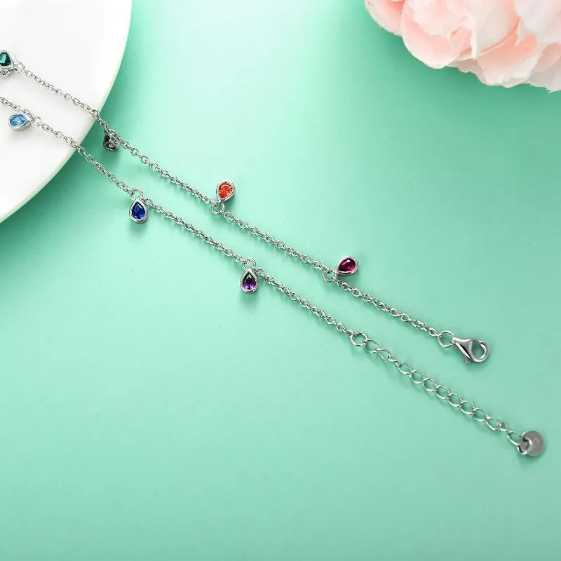 Sterling silver anklet with rainbow oval crystal stones on white gold plated 1.2mm cable chain