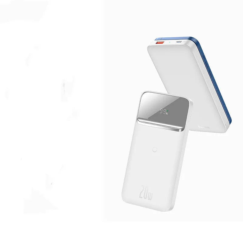 Blue MagSafe magnetic wireless power bank with LCD display showing battery percentage