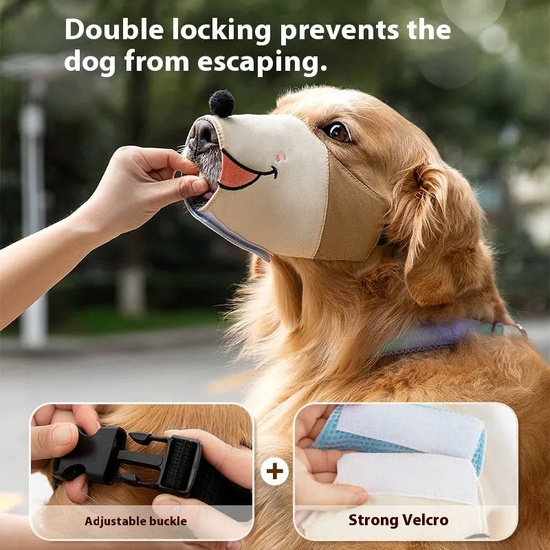 Adjustable canvas dog muzzle in Ollie Brown Bear design on a dog, showing three-strap fit.