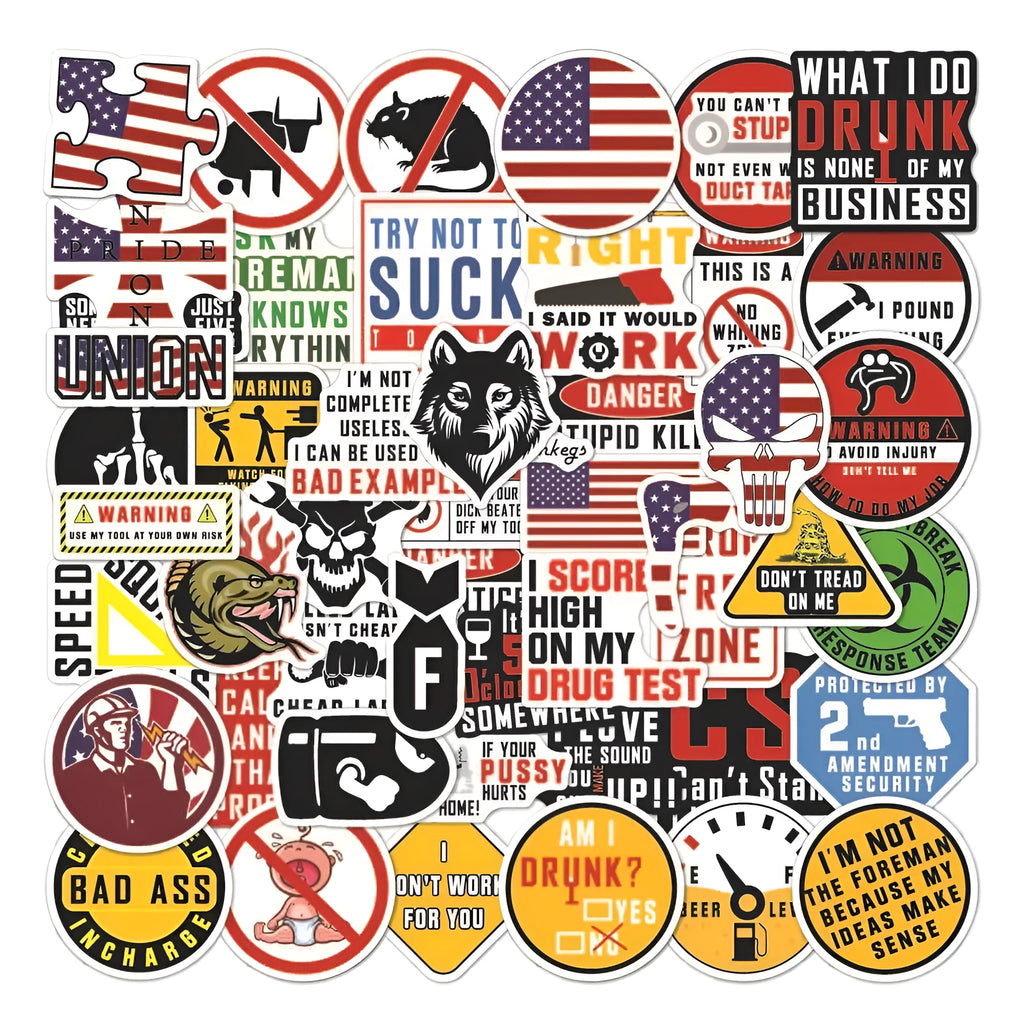Pack of 50 waterproof warning stickers for helmets and luggage, showing bright four-colour slogans on PVC film.