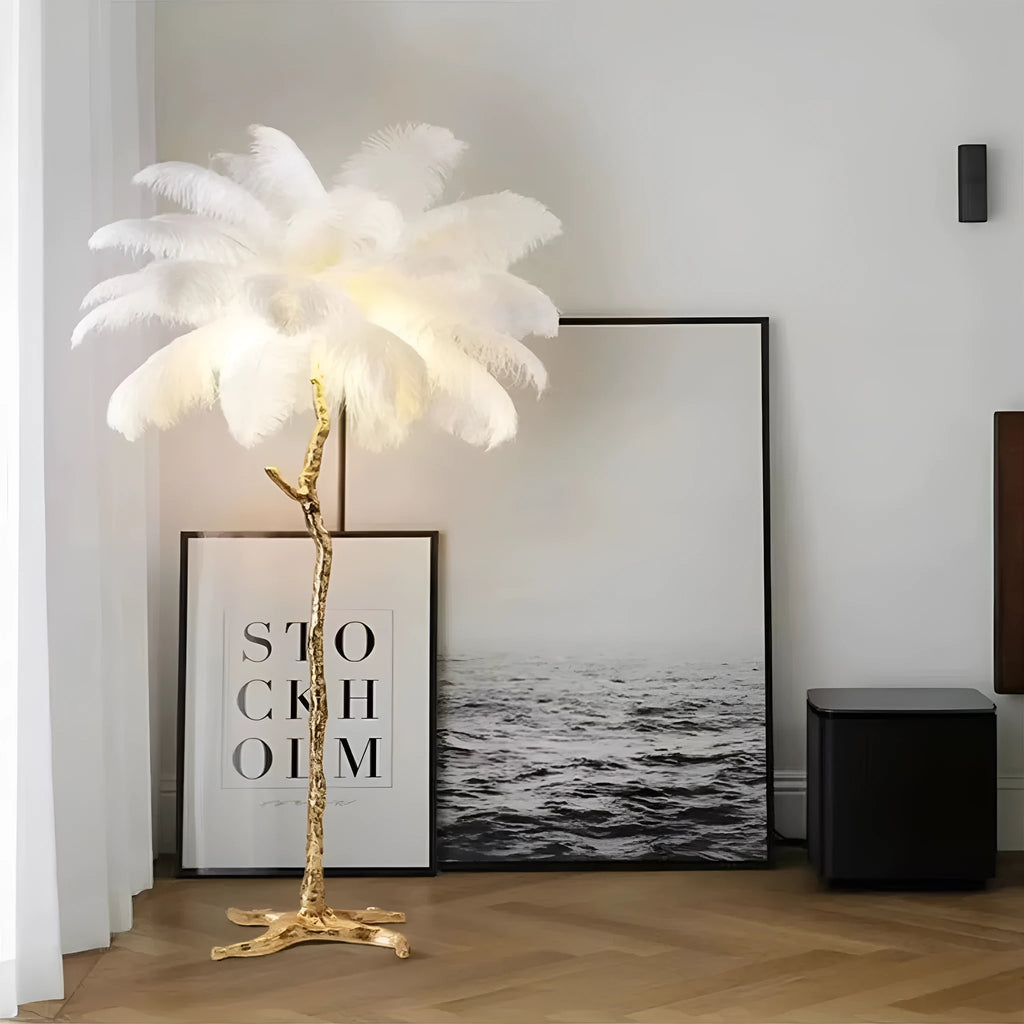 170cm tall decorative floor lamp with resin feathers in dark green, pink or white colours